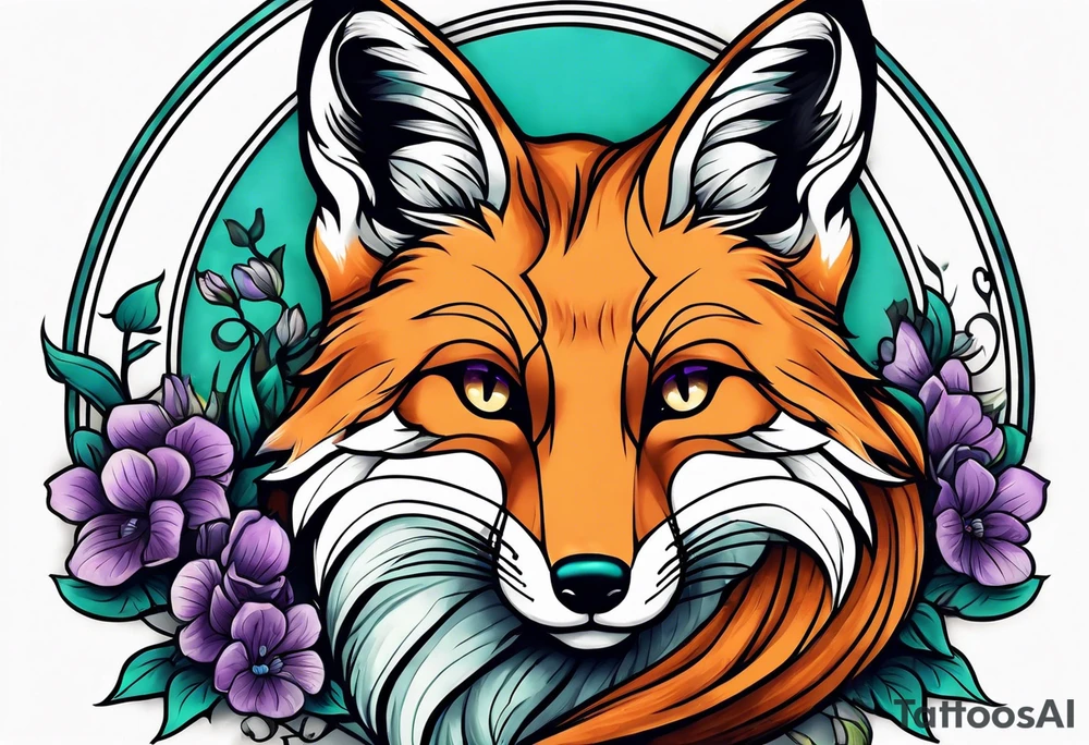Neo traditional fox with violets and teal frame tattoo idea
