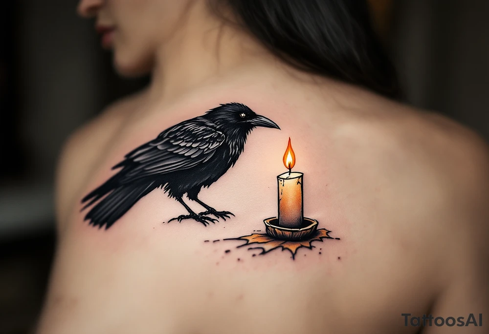 Crow and Candle – A black crow watching a flickering candle, flame done in muted gold and smoky orange tones. Gothic, moody vibe. tattoo idea