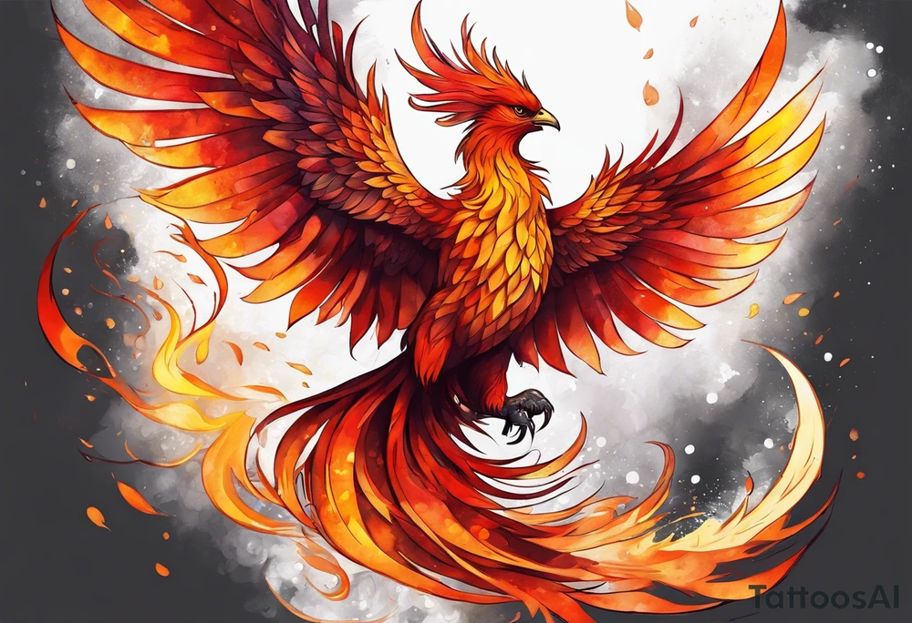 beautiful phenix, rising from fire and ash, signaling rebirth, renewal, beautiful, intricate, orange, red, deep red, bright orange, light yellow,. dark yellow, tattoo idea