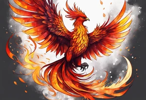 beautiful phenix, rising from fire and ash, signaling rebirth, renewal, beautiful, intricate, orange, red, deep red, bright orange, light yellow,. dark yellow, tattoo idea