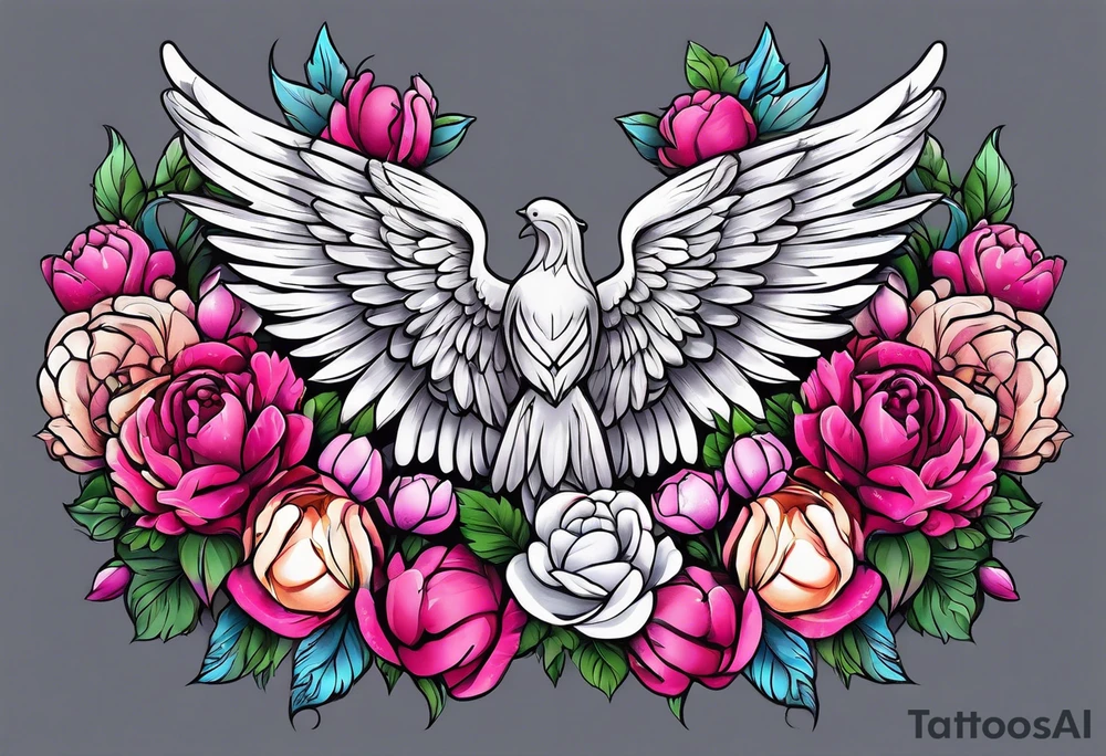 beautiful angel wings with floral peonies, roses, neon, brightly colored. highly detailed, tattoo idea