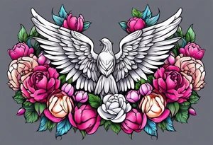 beautiful angel wings with floral peonies, roses, neon, brightly colored. highly detailed, tattoo idea