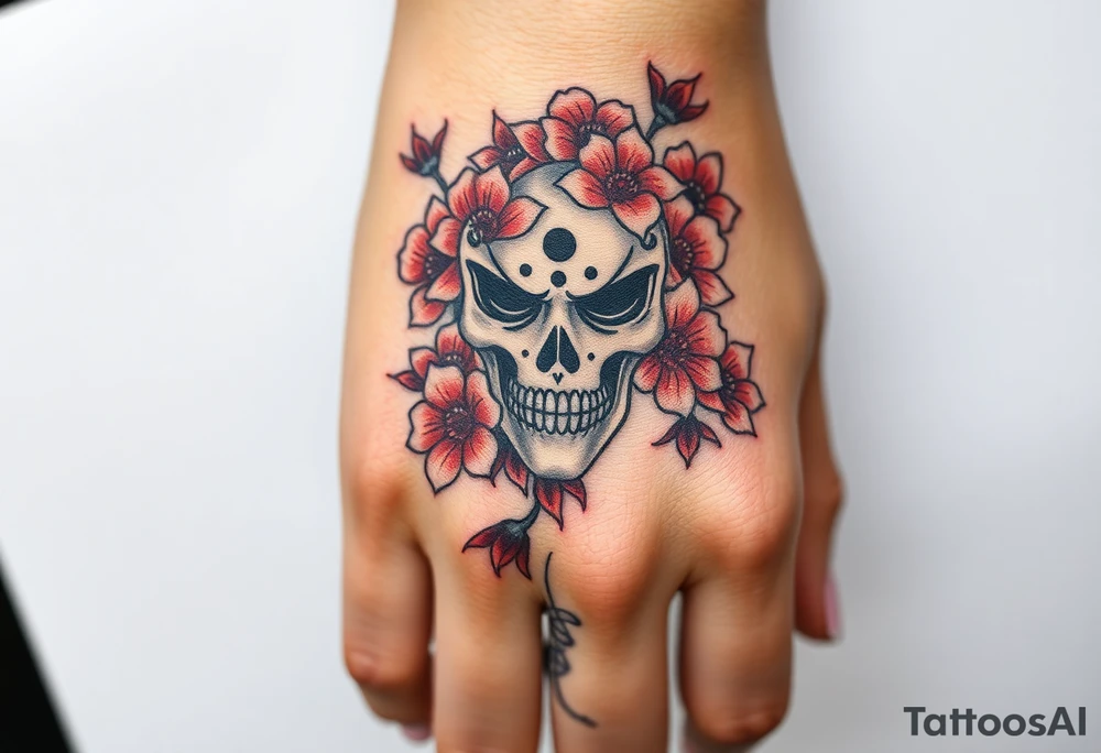 Japanese mask, which is covered with flowers of death according to Japanese mythology tattoo idea