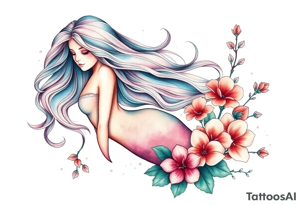 ethereal mermaid with flowing hair among coral and sea flowers tattoo idea