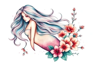 ethereal mermaid with flowing hair among coral and sea flowers tattoo idea