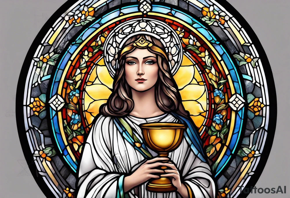 holy saint woman with halo stained glass holding a chalice tattoo idea