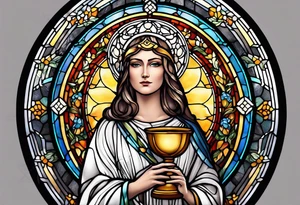 holy saint woman with halo stained glass holding a chalice tattoo idea