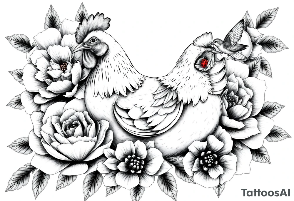A chicken surrounded by peony , roses and hydrangeas with ladybug on flowers petal with hummingbird tattoo idea