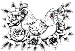 A chicken surrounded by peony , roses and hydrangeas with ladybug on flowers petal with hummingbird tattoo idea