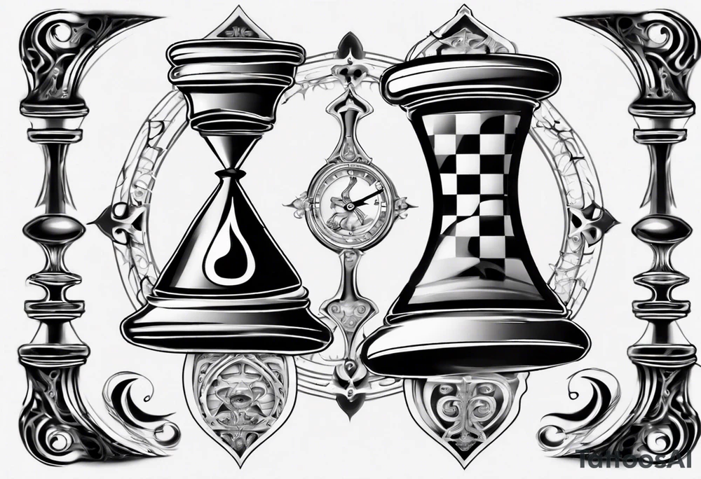 hourglass in the shape of a chess peace with filagree in the background tattoo idea