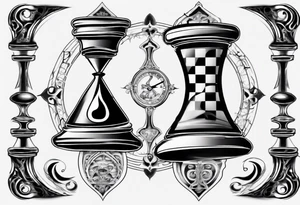 hourglass in the shape of a chess peace with filagree in the background tattoo idea