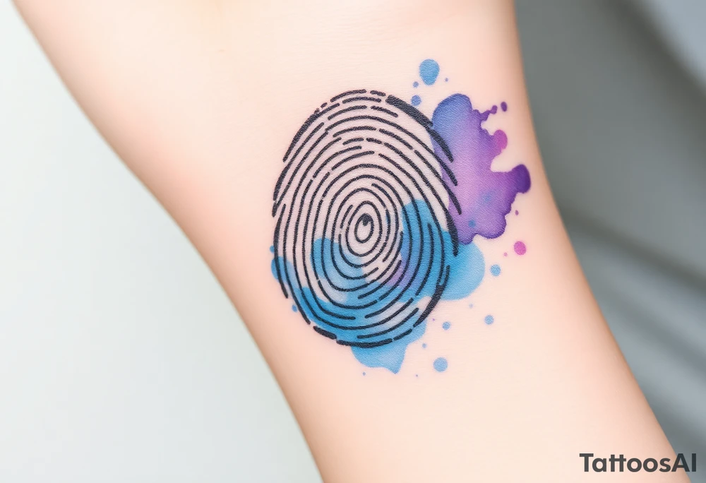 A fingerprint dissolving into soft watercolor splashes in blue and lavender, symbolizing fluidity and emotional depth tattoo idea