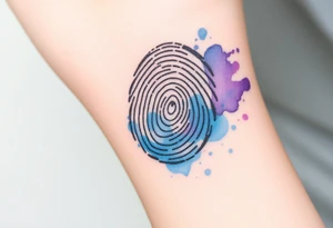 A fingerprint dissolving into soft watercolor splashes in blue and lavender, symbolizing fluidity and emotional depth tattoo idea