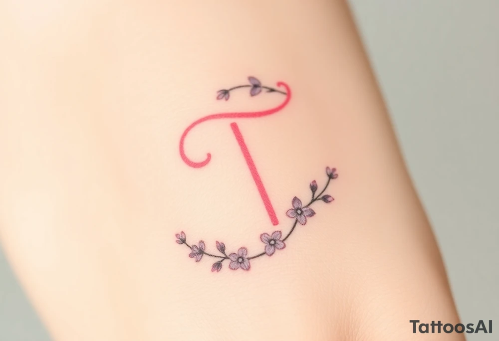A pastel pink "T" surrounded by tiny lavender blossoms. tattoo idea