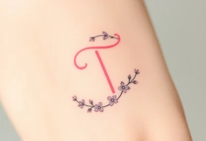 A pastel pink "T" surrounded by tiny lavender blossoms. tattoo idea