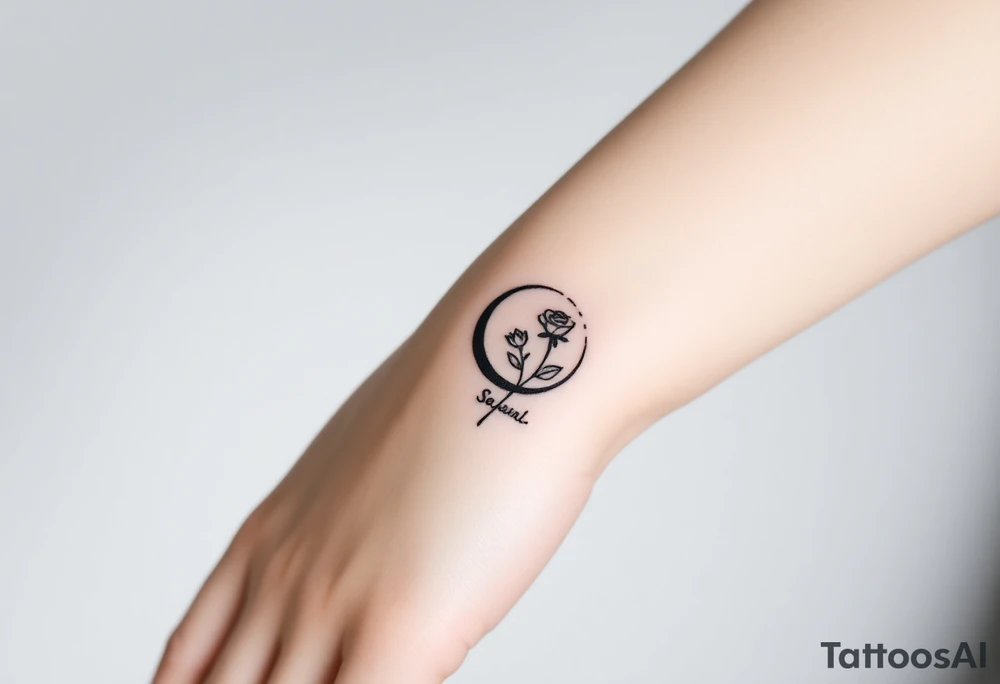 Small black and white tattoo waning crescent moon with small rose birth flower AND tiny Gemini gliph tattoo idea