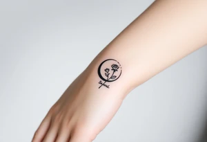 Small black and white tattoo waning crescent moon with small rose birth flower AND tiny Gemini gliph tattoo idea