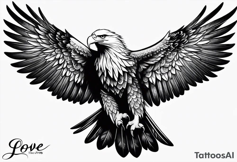An eagle flying with wings out, legs tucked underneath him with the words "LOVE IN FULL" tattoo idea