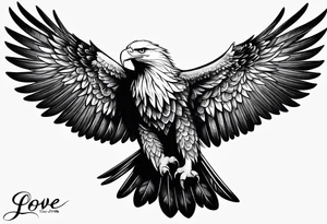 An eagle flying with wings out, legs tucked underneath him with the words "LOVE IN FULL" tattoo idea