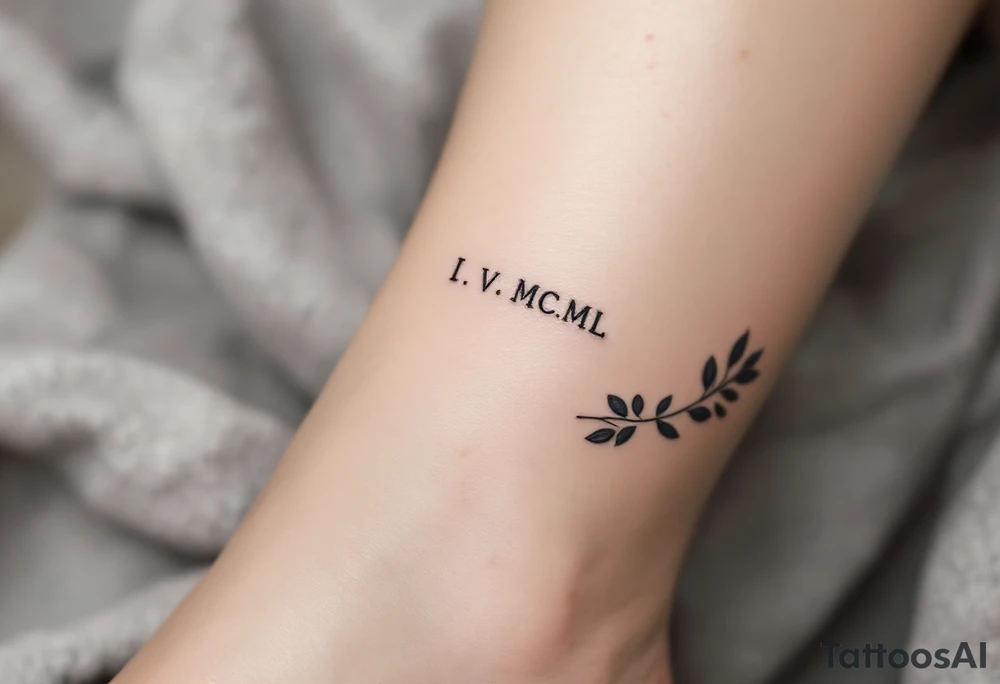 Tiny I.V.MCML on the ankle in black, paired with grayscale olive branches extending around the leg tattoo idea