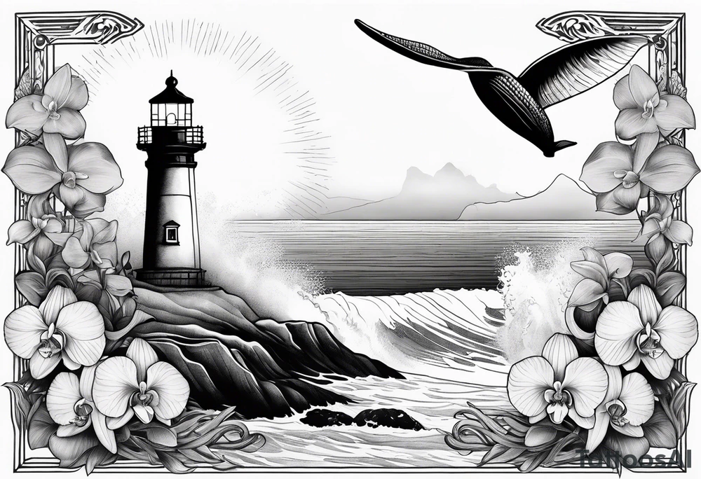 Lighthouse on a beach with light on in the fog and a humpback whale's tail sticking out of the water of the ocean with a border containing an anchor and orchids tattoo idea