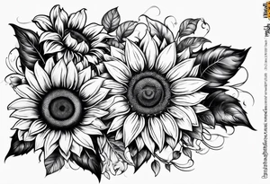 Arm sleeve Foral sunflower and roman numeral tattoo idea