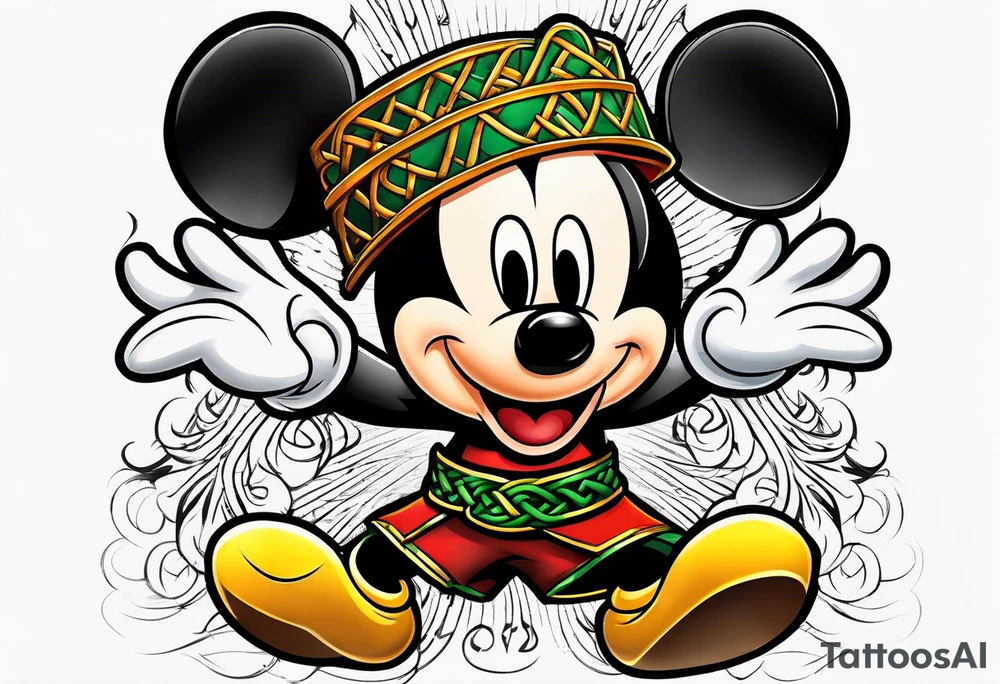 mickey mouse doing martial arts with palm trees, lightning storm and the celtic symbol for family tattoo idea