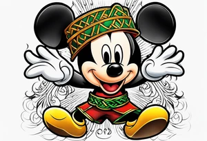 mickey mouse doing martial arts with palm trees, lightning storm and the celtic symbol for family tattoo idea