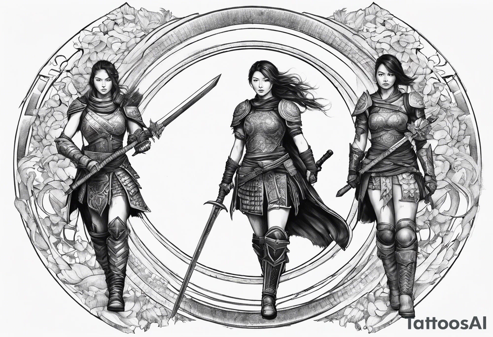 3 female warriors in body armor wielding dual swords, you can only see their backs, in front of a incomplete enso circle tattoo idea