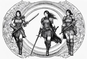 3 female warriors in body armor wielding dual swords, you can only see their backs, in front of a incomplete enso circle tattoo idea