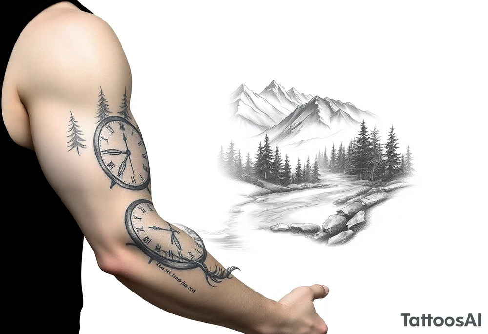 Forest landscape with mountains and a river, with three clocks in the river with dates tattoo idea