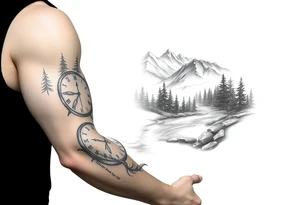 Forest landscape with mountains and a river, with three clocks in the river with dates tattoo idea