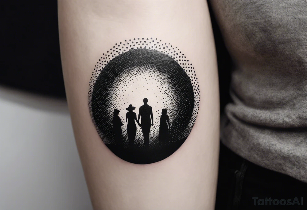 2 black shadows of people standing over 2 dead siloets tattoo idea