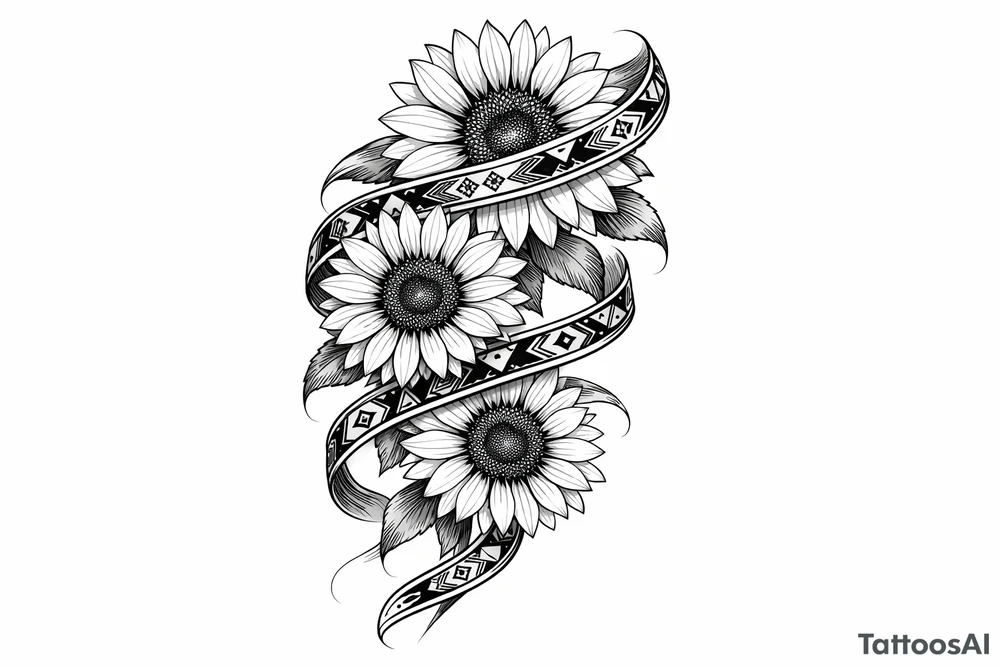 3 cascading Sunflowers wrapped in an Native American Indian ribbon tattoo idea