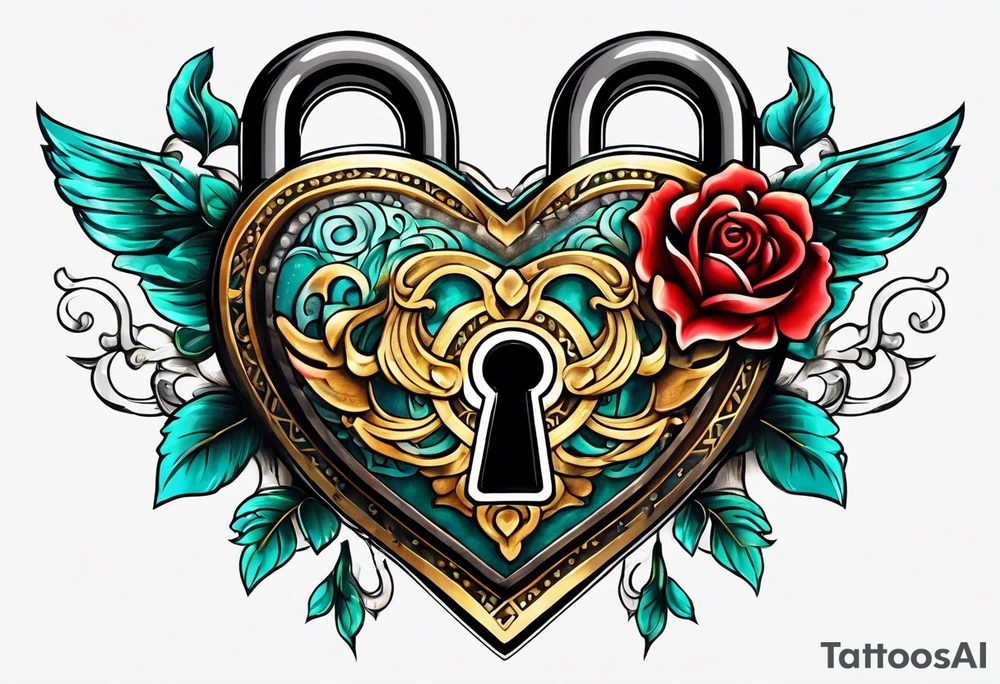 vintage heart lock and ket tattoo idea