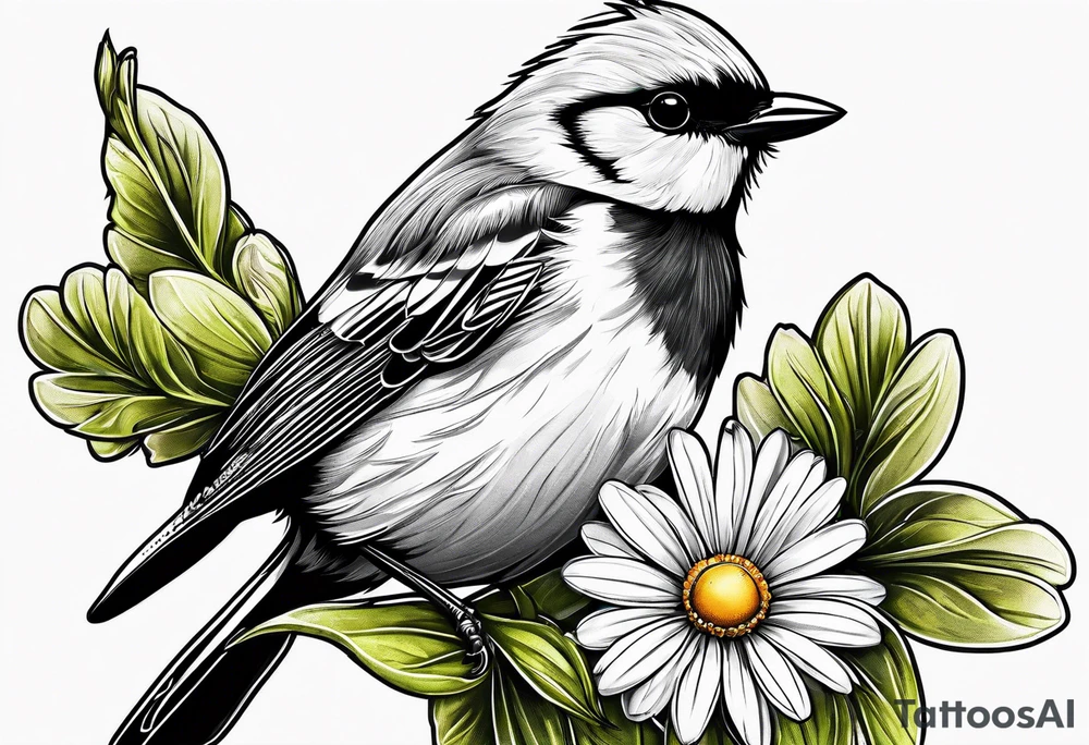 Little bird perched on a daisy flower. Fine line tattoo idea