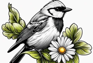 Little bird perched on a daisy flower. Fine line tattoo idea