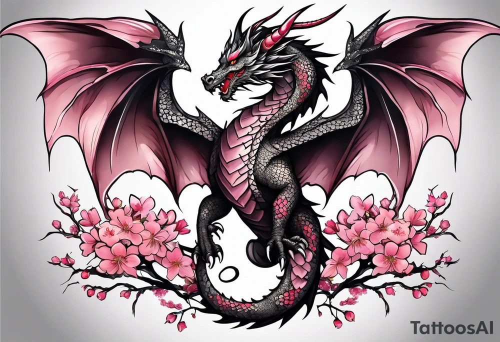 A dragon with wings covered in cherry blossoms tattoo idea