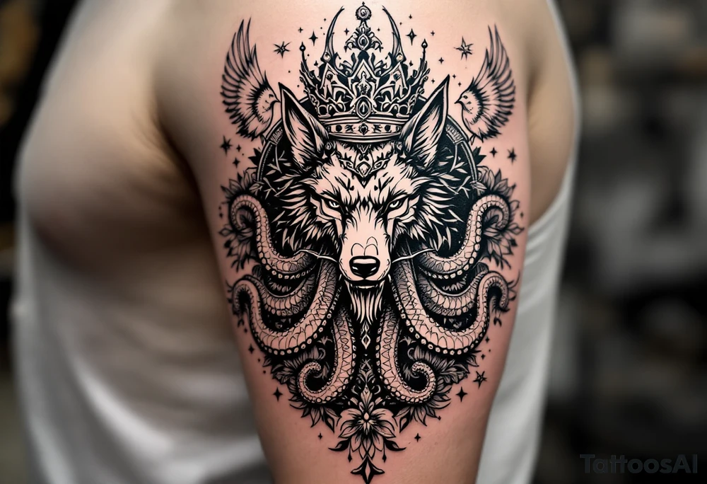 powerful majestic wolf octopus with a crown, surrounded by floral ornaments and birds tattoo idea