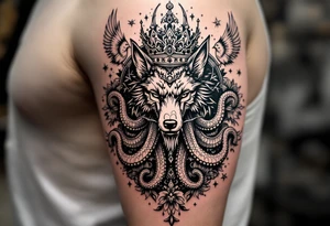 powerful majestic wolf octopus with a crown, surrounded by floral ornaments and birds tattoo idea