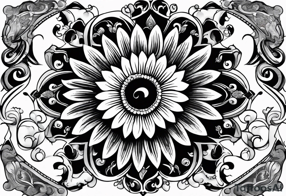 Bali gates of heaven black and grey with sunflower tattoo idea