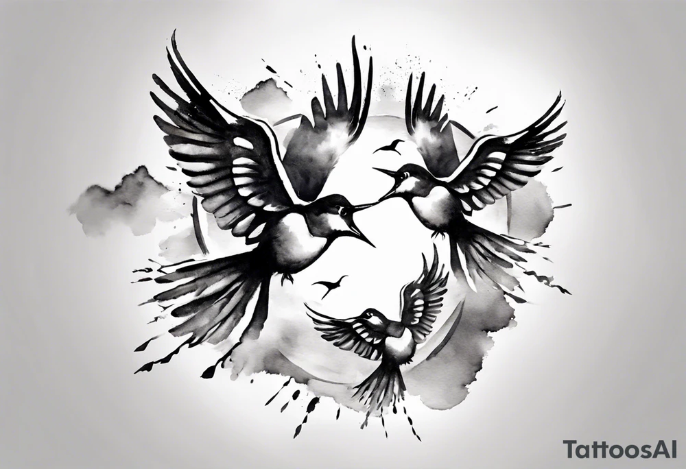 shoulder tattoo with light rays with birds flying free among the clouds, round shape, 3d effect tattoo idea