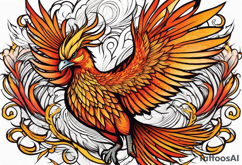 Tattoo: A powerful, majestic phoenix, depicted mid-flight or rising, with wings extended and feathers flowing. Deep shading and intricate details to bring out the texture and motion of the feathers. tattoo idea