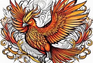 Tattoo: A powerful, majestic phoenix, depicted mid-flight or rising, with wings extended and feathers flowing. Deep shading and intricate details to bring out the texture and motion of the feathers. tattoo idea