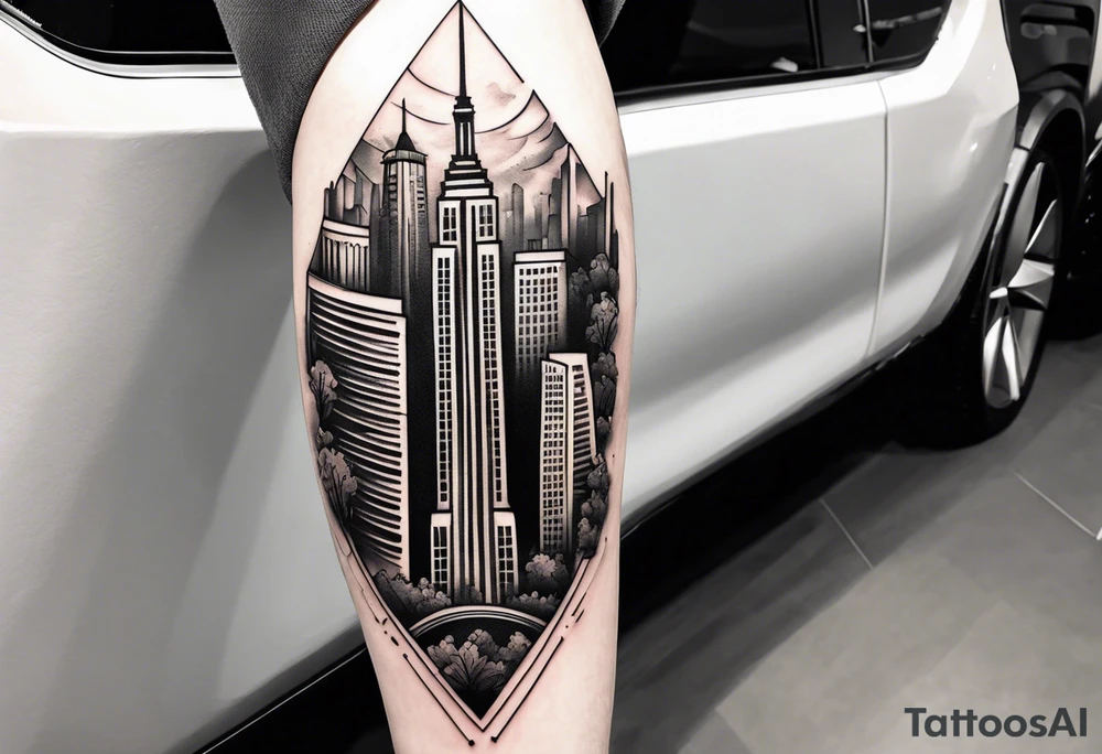 City with tall building leg sleeve tattoo idea