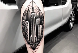 City with tall building leg sleeve tattoo idea