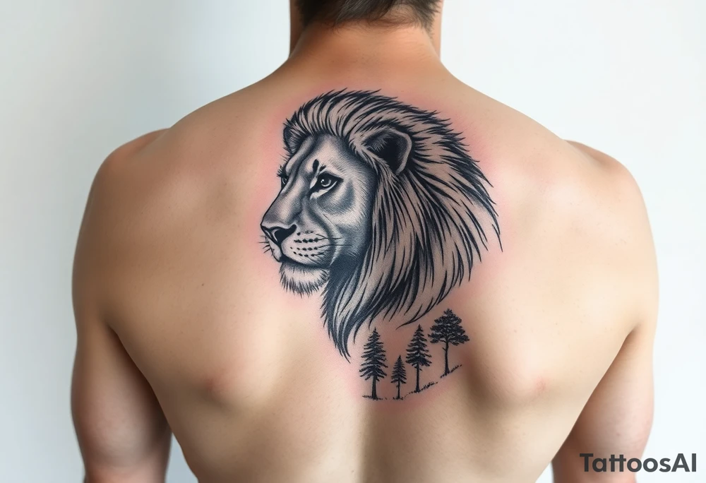 Give me a realistic pridefull nlack and grey lion on the inner forearm with a savannah dunset undeath with trees tattoo idea