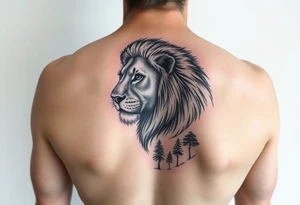 Give me a realistic pridefull nlack and grey lion on the inner forearm with a savannah dunset undeath with trees tattoo idea