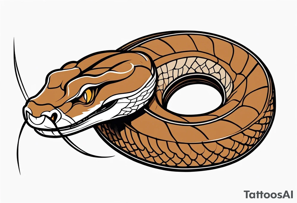 Copperhead coiled up with head turned up and mouth open and copper colored eyes tattoo idea