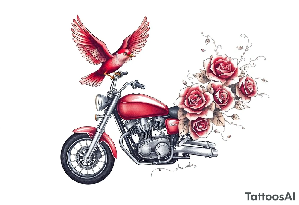 Motorcycle, red bird flying, roses and lace, flames tattoo idea